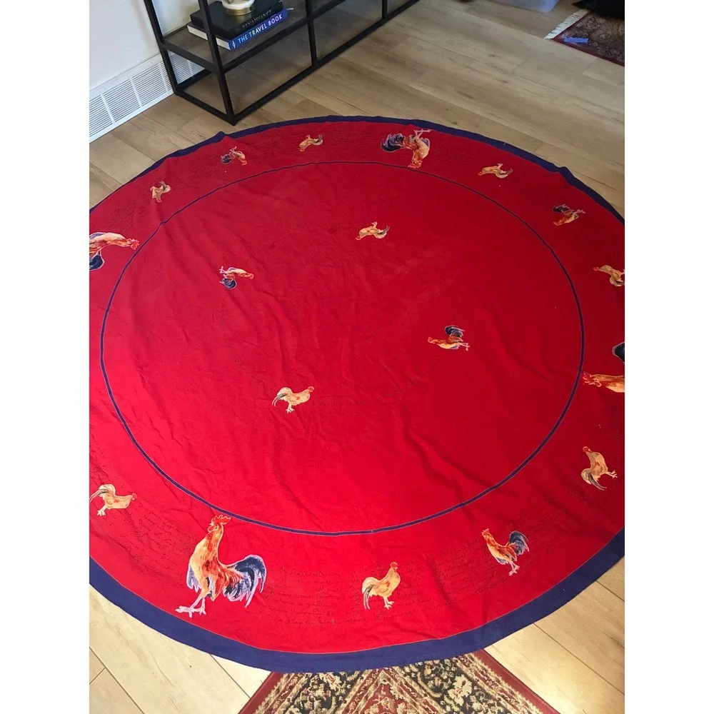 Williams Sonoma Round Tablecloth Rooster Chicken French Country 90in Red